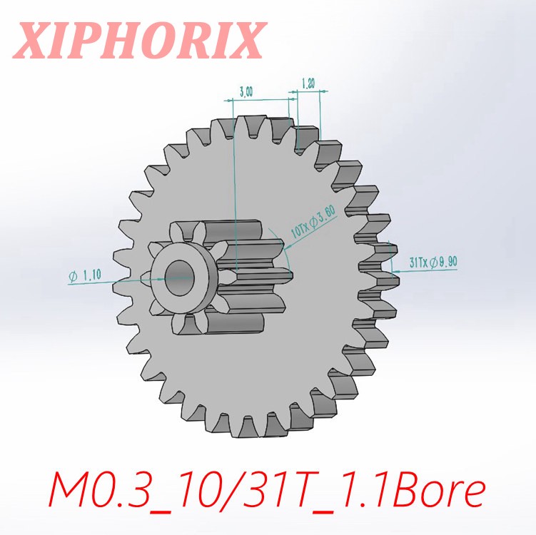 Picture of Module 0.3 M0.3 10/31 Teeth Plastic Double Tooth Gear, Sliding Fit 1.0mm Shaft